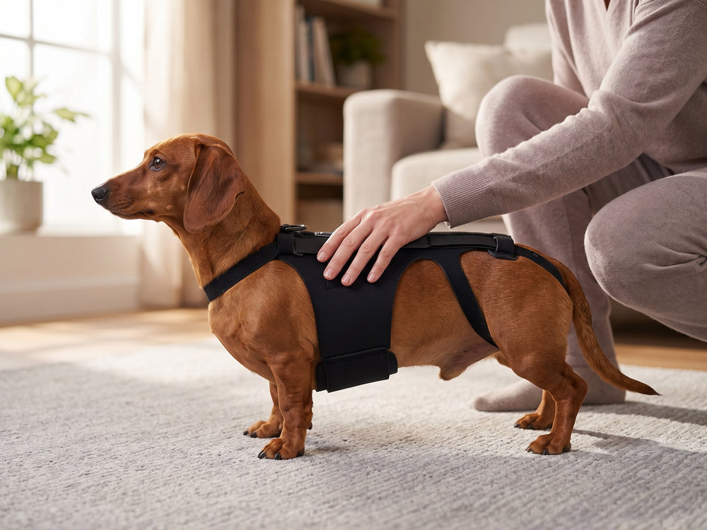 Dachshund wearing a support brace